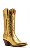 © Katherina - A striking metallic gold western cowboy boot displayed prominently against a pure white studio background, emphasizing luxury and traditional style, background, glamor, golden