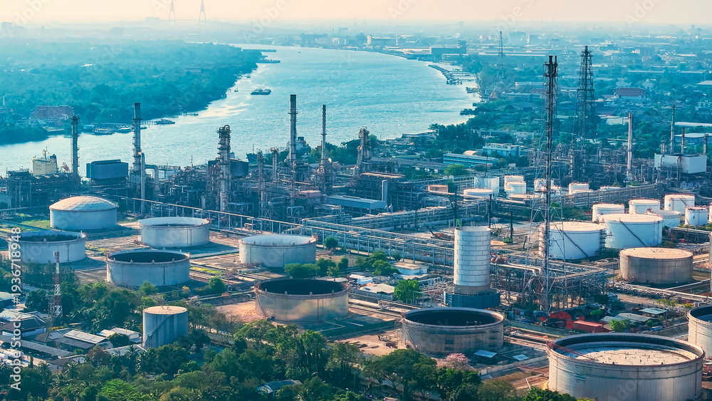 Aerial view of an extensive oil refinery and petroleum terminal with ...