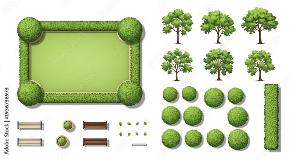 Public Park Garden Layout with Manicured Hedges Trees Benches and Green ...