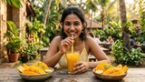 Tropical Mango Juice Refreshment Woman Portrait