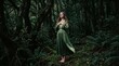 © DAYA-DAKSH - Ethereal woman in flowing green dress standing in a dark mystical forest.