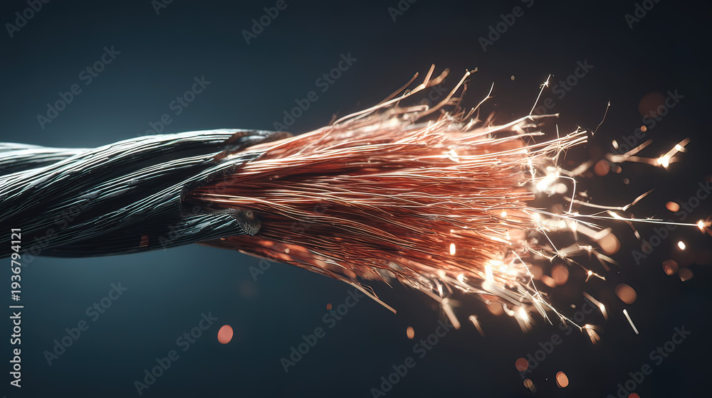 severed. Severed electrical cable with sparks from exposed copper wires ...