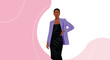 © Jack - Elegant black woman posing confidently in a stylish purple blazer and a long black dress against a soft pink abstract background.