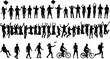 © Hello World - Silhouette of diverse people jumping for joy, walking, riding bicycles and holding balloons, collection of casual human figures for lifestyle design.
