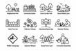 © Viacheslav - Community Green Spaces. Line icon set of Community Green Spaces: neighborhood park, community garden, green corridor path, shared habitat zone, urban tree