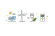 © Влада Яковенко - Clean energy icons. A calm editorial scene with icons of solar panel, wind turbine, electric plug and battery. Transition to renewable energy and innovation,