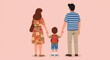 © kilimni - Family, red-haired mother and brunet father taking their son with backpack to school, back view. Back to school concept, love and care in parenthood