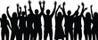© MSTSHAMIMA - Black silhouette vector illustration of a diverse crowd of people standing together with arms raised in celebration success and community