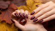 © Zobia - Long almond shaped nails with dark burgundy maroon manicure holding a chestnut. Autumn beauty and fashion concept, deep red nail polish on elegant woman hands. Professional nail art with fall leaves