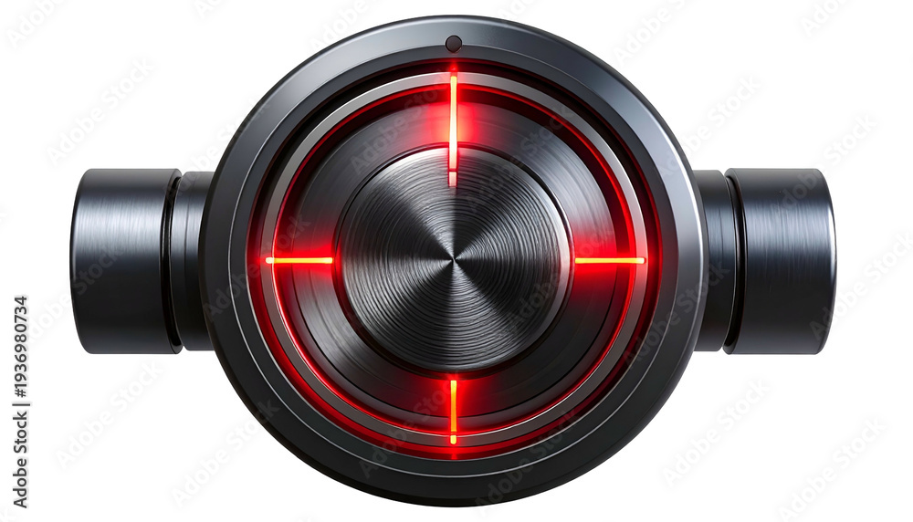 Metallic Device Metallic device featuring a red crosshair, circular design, and ...