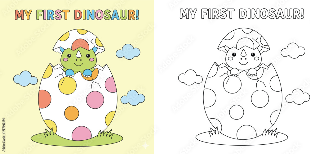 Cute cartoon baby dinosaur hatching from egg coloring page for kids ...