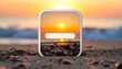 © amrita - Beautiful sunset over the ocean viewed through a digital interface element on a pebble beach.