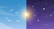 © Katsyarina - Comparison of day and night sky separated by a sun. Split screen view with flying birds and twinkling stars in clouds. Concept of time cycle, transition, nature balance and duality.