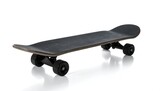 A black skateboard with four wheels on a white background, captured in a monochrome side view