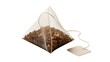 © PAVEL - Pyramid tea bag with brown tea isolated PNG on transparent background, herbal beverage for relaxation and wellness.