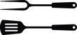 © Raton - Barbecue grill utensils including a fork and spatula for outdoor cooking and food preparation activities with a simple black design.
