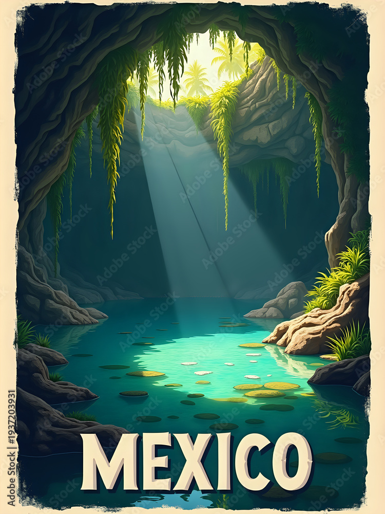 A cave shows a clear water pool surrounded by rocks. Light beams enter from above, highlighting the greens of plants. This scene captures natural beauty in a Mexican location.