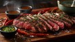 © mikhailberkut - Sliced grilled beef steak on wooden board. Juicy medium rare meat with chimichurri sauce. BBQ food concept