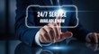 © Eve - Businessman pointing at virtual 24/7 service available now interface. Concept of round the clock customer support, digital assistance, global business solutions, and technical accessibility.