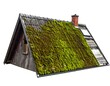 © Carjo - Old wooden A-frame building with moss-covered roof against a white background, showcasing weathering and age