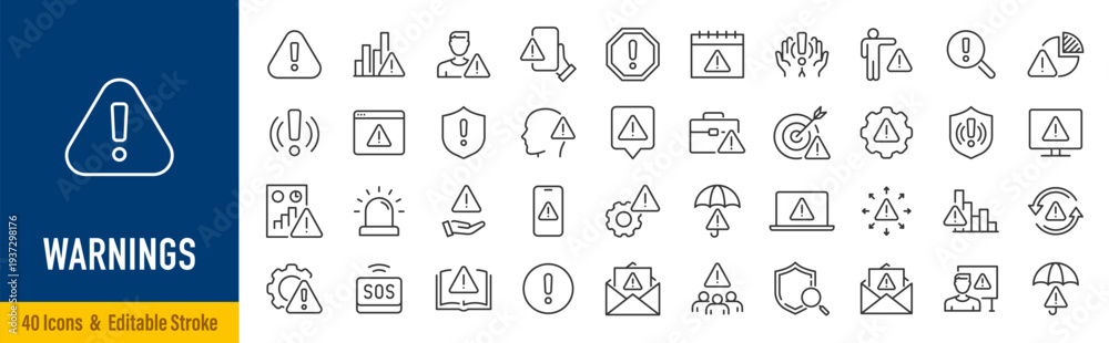 Warnings web icons in line style. Warning sign, alert, stop ...
