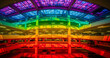 © ELITE STOCK - A multi level parking garage is dramatically illuminated with a vibrant rainbow spectrum of colorful light filtering through the glass ceiling high quality professional detailed modern