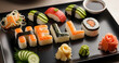 © ELITE STOCK - An artful arrangement of sushi creatively spells out hello on a sleek black plate accompanied by dipping sauce and garnishes high quality professional detailed modern elegant