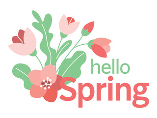  Colorful Hello Spring Floral Graphic with Pink Flowers and Green Leaves Illustration