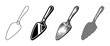 © David - Four cake server kitchen utensil icons showing different artistic styles including continuous line, bold stencil, detailed engraving, and a dotted halftone pattern