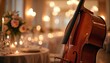 © Pete - Cello rests on table at formal reception hall decorated with flowers and candles. Elegant event setting with soft bokeh lights for dinner party or wedding.