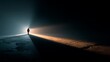 © 楠 刘 - Person standing at a dark crossroads with one path in light and another in shadow, contemplative pose with surreal atmosphere and dramatic light and dark contrast symbolizing choice.