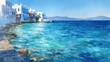 © mamemo - 地中海 海岸風景 水彩イラスト 白い街並みと青い海の美しい背景
