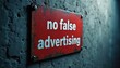 © Maryna - Red metal sign on rough wall states NO FALSE ADVERTISING. Metal shows rust and wear. Sign implies need for truth in marketing and promotions.