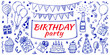 © Smritykona - Hand drawn birthday party elements including cake balloons and celebratory decorations