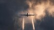 © CHI - jetliner. A jetliner ascending through a cloudy sky, leaving vapor trails under a sunset-lit atmosphere. inspiring travel planning, mobility guides, designed for mobility and urban transit guides.