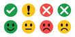 © Farik - Set of colorful check mark exclamation point cross icons and variety of face expressions for user feedback