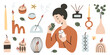 © Elena - Woman smelling aromatic candles. Set of decorative candles in various shapes, holders, incense sticks, eucalyptus branches. Flat vector illustration in cartoon style for home decor, relaxation