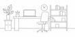 © Juel - Minimalist line drawing of a home office workspace with plant and clock