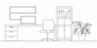 © Juel - Line drawing of a modern home office setup with desk and plant