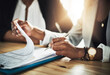 © peopleimages.com - Hands, sign and people with document, office and approval for home loan and process for application. Business, real estate agent and meeting for client with report, writing and agreement for mortgage