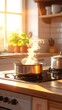 © jodi - A kitchen with a pot on the stove, steam rising, with plants on the windowsill