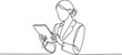 © Hossen - Continuous one line drawing of a businesswoman looking at the tablet computer. Hand drawn style line drawing for technology and business model and concep. Editable stroke
