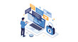 © Forhad - Isometric illustration of a developer working on a laptop with digital security lock and data coding elements around.