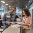 © Photo tiime - Coworkers discussing paperwork together in a modern office workspace.