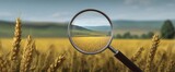 Magnifying glass reveals golden wheat fields evoking pride in agricultural development and rural beauty.