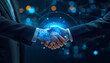 © fruits - Business Leaders Shaking Hands with Futuristic Holographic AI Avatar, Symbolizing Partnership and Technological Advancement