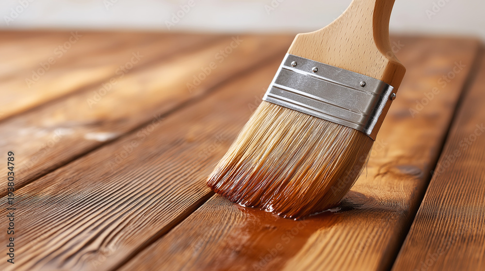 Foto de Stock Paintbrush applying a brown wood stain to wooden planks ...