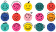 © John - A diverse collection of fifteen colorful cartoon faces displaying various emotions including happiness sadness anger and surprise expression happy angry drawing illustration