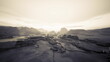 © icetray - sunrise voxel landscape mining vehicles sepia glow, panoramic aerial view over rugged desert quarry with excavator and truck silhouettes, cinematic grainy