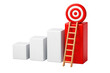 © ArsiStudio - 3D render of a red target on a tall red bar graph column with a wooden ladder, next to shorter white columns, isolated on white